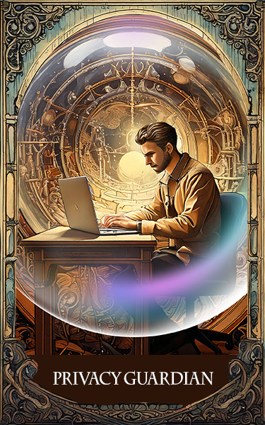 The Privacy Guardian, a white man, reads his laptop from within a protective magical sphere.